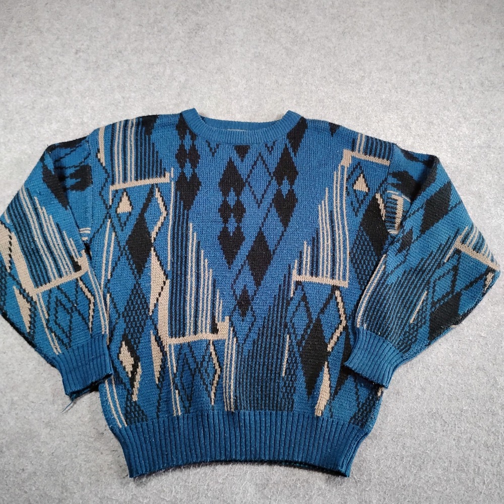 Sir William Mens Vintage‎ 90s Geometric Abstract Knit Sweater Blue Black Size M